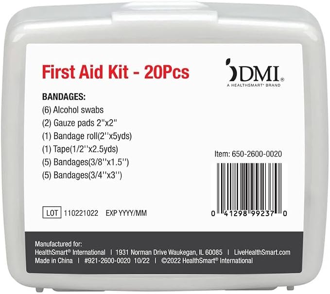 DMI First-Aid Kit, Mini 20-Piece, Small and Compact All-Purpose Use for Minor Cuts and Scrapes, Durable Water-Resistant Case, Portable, White