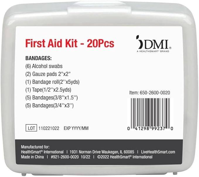 DMI First-Aid Kit, Mini 20-Piece Kit, Small and Compact All-Purpose Use for Minor Cuts and Scrapes, Durable Water-Resistant Case, Convenient and Portable, White (Pack of 3)