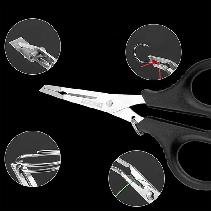 Multifunctional Fishing Plier Fish Hook Remover Cutter Scissors with Hooked Tip Practical Fishing Tool Durable Stainless Steel Fish Hook Remover Multifunctional Fishing Tool Accessory, Black