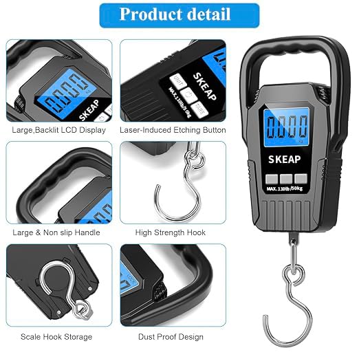 SKEAP Digital Fish Scale - 110lb/50kg Backlit LCD Fishing Gear with Portable Handle, Includes 2 AAA Batteries & Stainless Steel Hook, with USB Charging- Fishing Gifts for Men