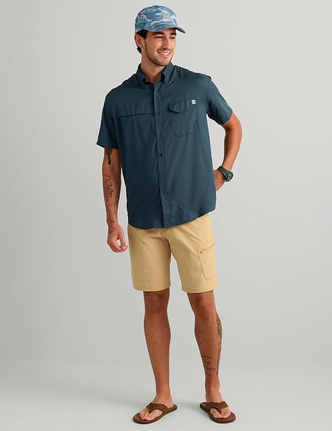 HUK Men's Tide Point Kc Scott Original Artwork Short Sleeve Shirt, Fishing Button Down