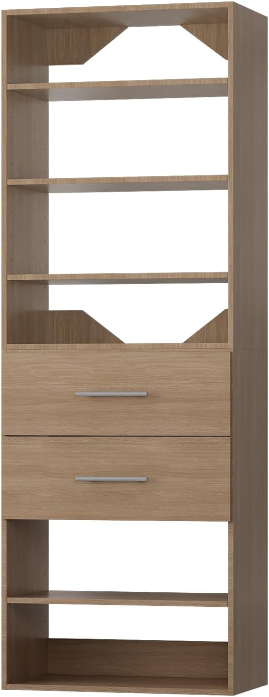 ROOMTEC Modular Closet System, 31.5" 2 Drawer Shelf Closet Tower Wall-Mounted Closet Organizer, Wooden Tower for Walk-In Closets, Wardrobe Storage Kit, Wood