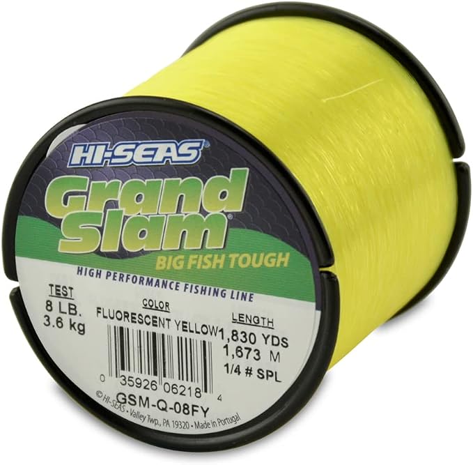 HI-SEAS Grand Slam Monofilament Fishing Line - Strong & Abrasion Resistant in Clear, Pink, Green, Smoke Blue, Fluorescent Yellow Freshwater & Saltwater – Quarter Pound Spool