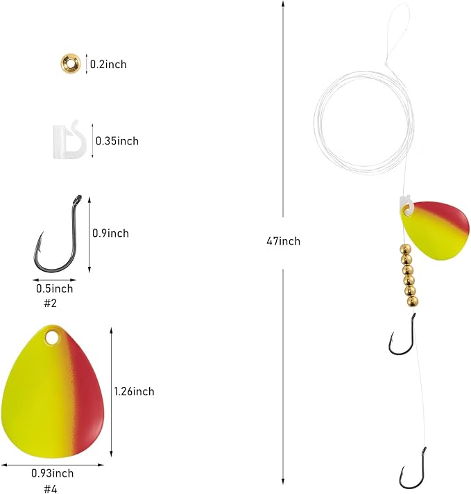 Dr. Fish 10 Pack Walleye Rigs Kit, 47 Inches, 15LB Mono Crawler Harness Walleye Float Rig Colorado Spinner Octopus Hooks for Freshwater Trolling
