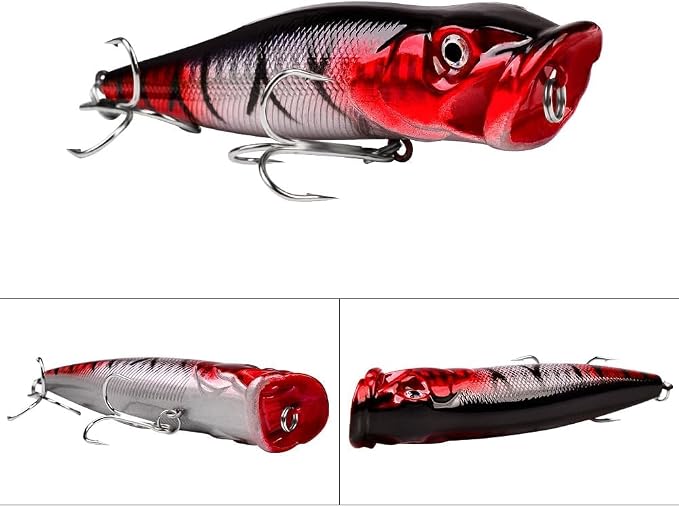 5pcs 9cm 3D Eyes Hard Baits Floating Topwater Popper Lures with Treble Hooks, Mixed Colors, ABS & High Carbon Steel, Targeting Pike, Bass, Salmon