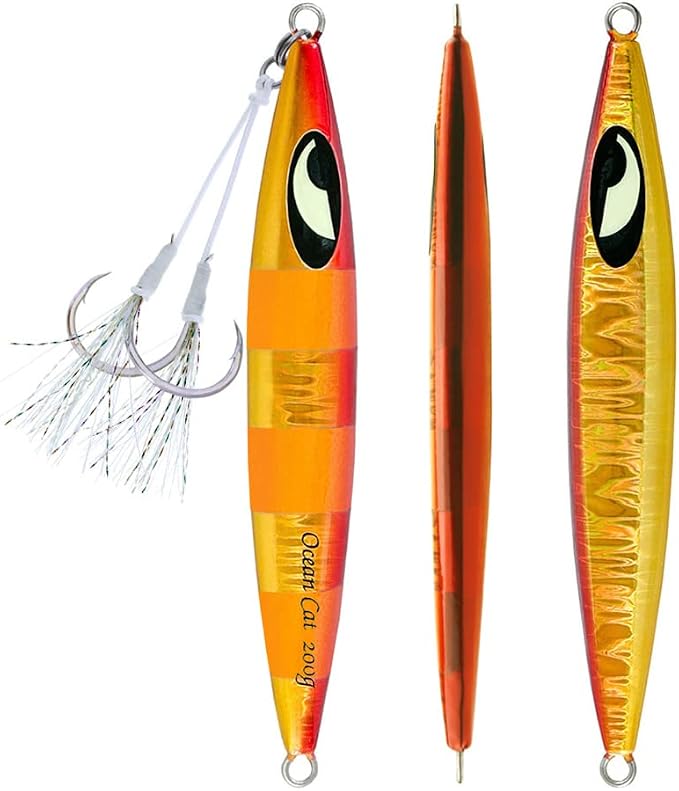 OCEAN CAT Lead Metal Flat Slow Fall Pitch Fishing Jigs Lures Sinking Vertical Jigging Bait with Butterfly Hook for Saltwater Fishing