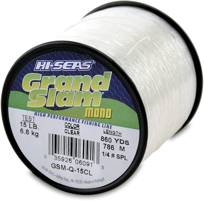 HI-SEAS Grand Slam Monofilament Fishing Line - Strong & Abrasion Resistant in Clear, Pink, Green, Smoke Blue, Fluorescent Yellow Freshwater & Saltwater – Quarter Pound Spool