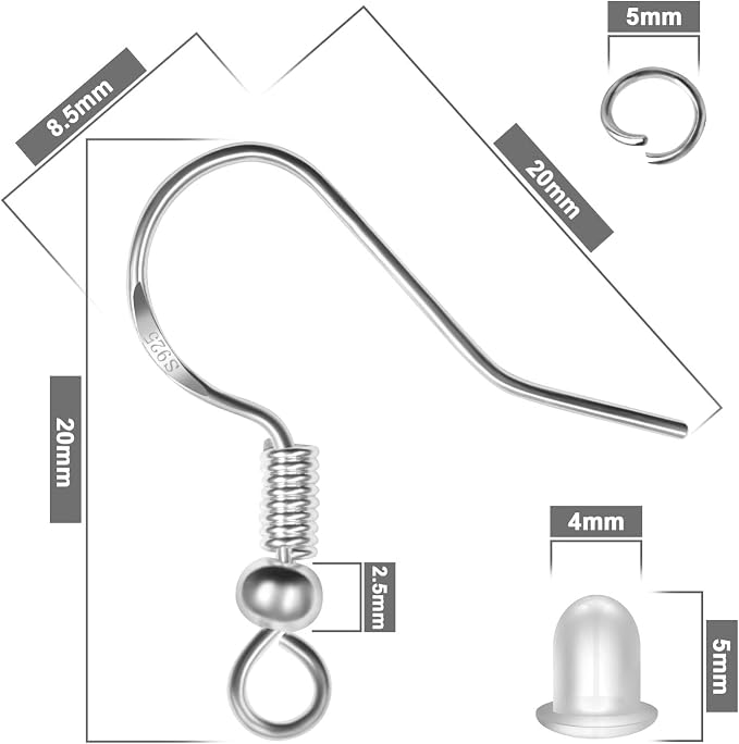 925 Sterling Silver Earring Hooks, 750PCS Earring Hooks Kit 250PCS/125Pairs Hypoallergenic Ear Wires with 250PCS Silver Open Jump Rings and 250PCS Rubber Backs Earwire for Jewelry Making