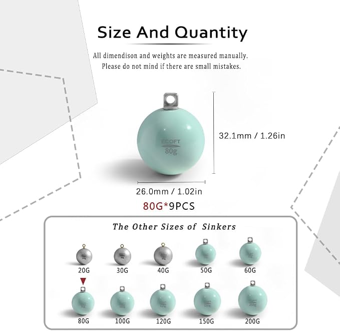 Lead Free Fishing Weights Sinkers 20g-200g Coated Egg Sinkers Cannonball Weights Assorted Sizes Bag and Fishing Weights Assortment Box Non-Lead Fishing Weights Saltwater Freshwater