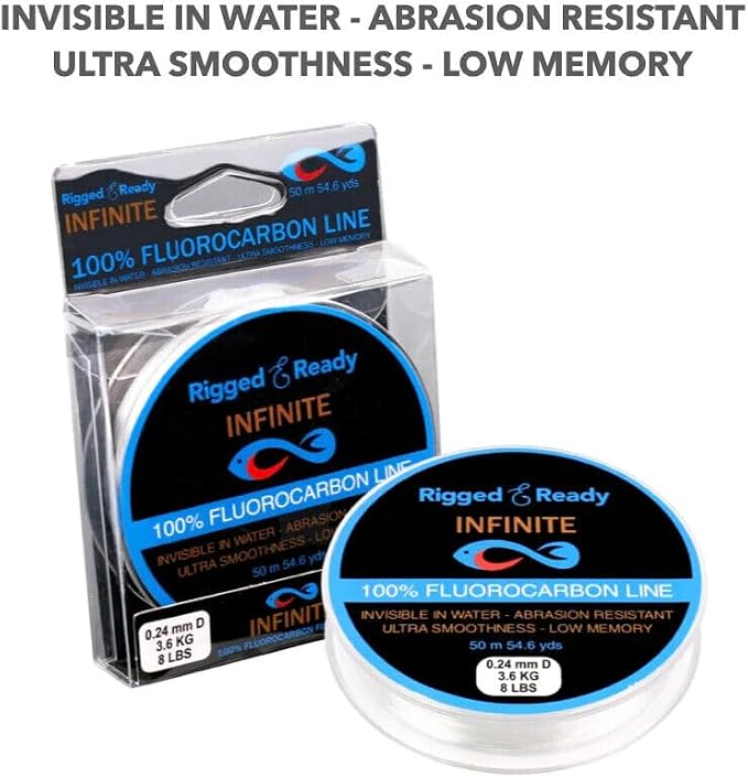 Rigged and Ready Infinite Fluorocarbon - Fluorocarbon Fishing Line Leader-50m 54.6y Virtually Invisible=More Bites. 4/8/12/16lb, 1.8/3.6/5.5/7.5kg-Saltwater Freshwater