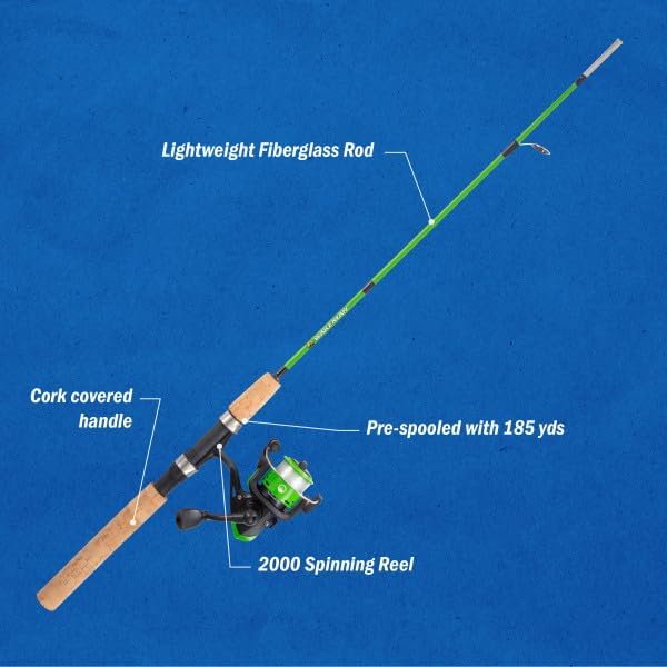 Fishing Rod and Reel Combo - Kettle Series Fiberglass Pole with Spinning Reel, Cork Handle, and Beginners Tackle Kit by Wakeman