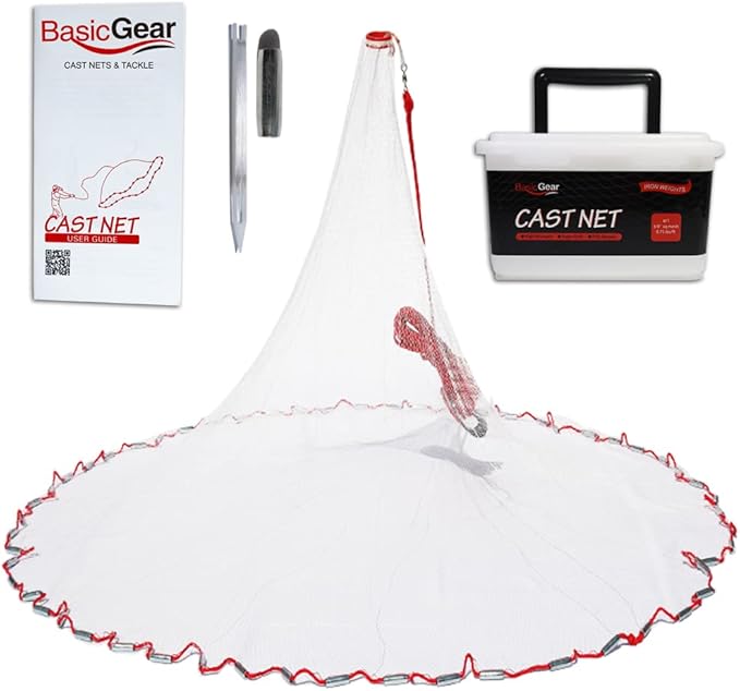 BasicGear Cast Net | 3ft-12ft Radius, 3/8 or 1/4 inch Mesh for Freshwater and Saltwater Bait Fish| Professional Grade and Upgraded Material | Throw Style