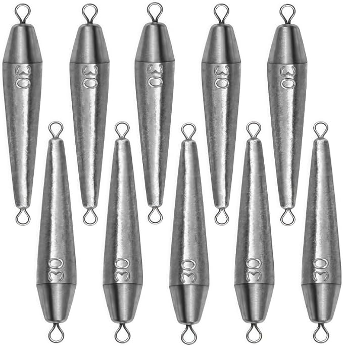 10PCS Fishing Weights, Inline Trolling Bullet Sinkers Double Ring Torpedo Fishing Weights Lead Drop Shot Fishing Weight Sinkers - 20g-50g