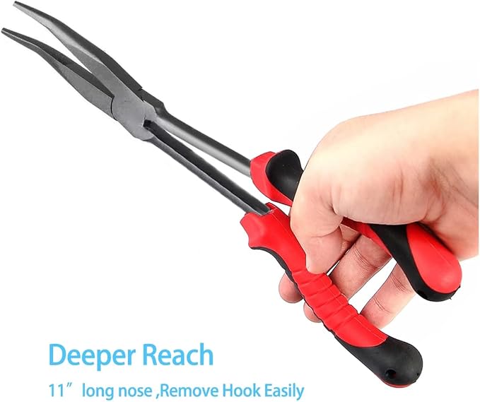 11" Long Nose Fishing Pliers, Straight & Bent Jaws, PTFE Coated Corrosion Resistant, Hook Remover & Braid Cutter Fishing Needle Nose Pliers, Saltwater Freshwater Gear for Bass Snook Trout