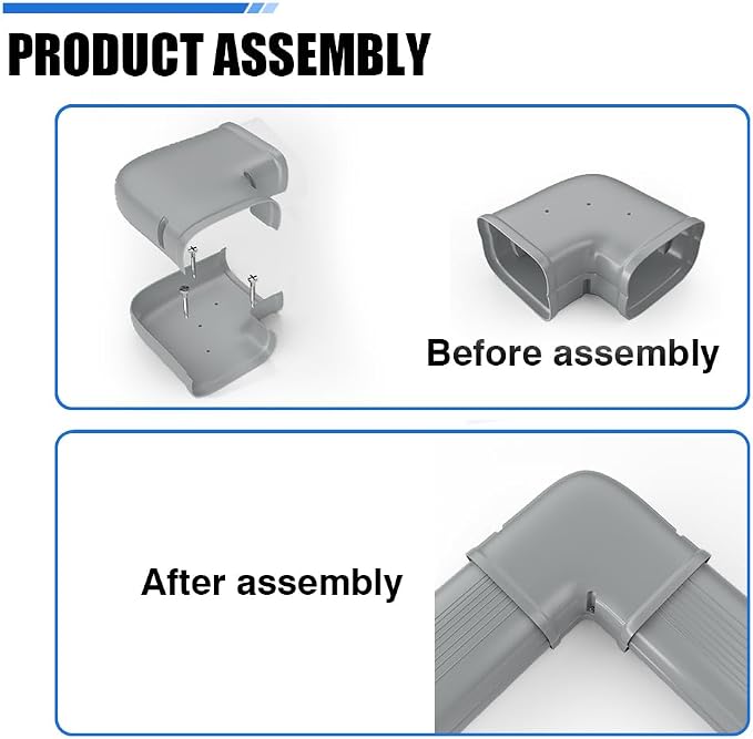 Mini-Split Line Cover Accessories: 4" Width Flat Elbow for Mini Split AC & Central AC, Grey