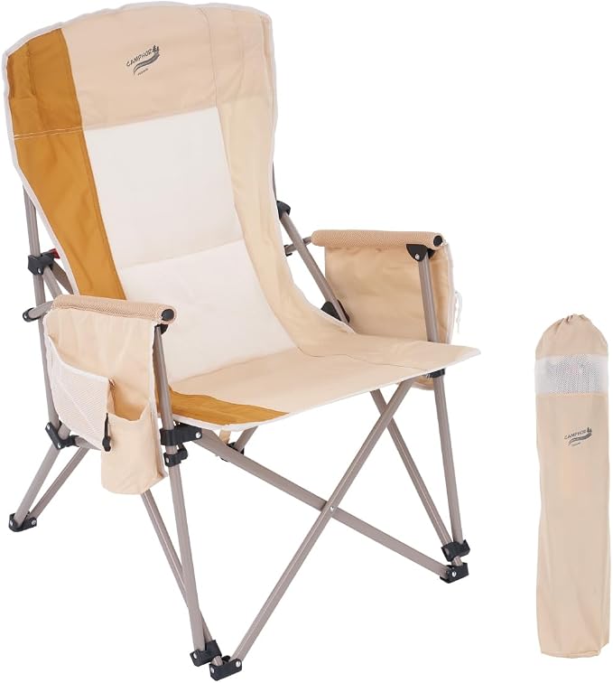 Camphor Designs Heavy Duty Portable Folding Camping Chair for Adults with Padded | for Outdoor & Sports, Backpacking, Beach, Lawn, Hunting, Tailgating, Fishing | Supports 400 Lbs (Single, Beige)