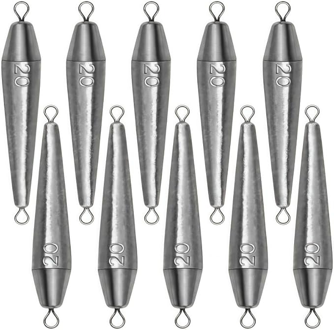 10PCS Fishing Weights, Inline Trolling Bullet Sinkers Double Ring Torpedo Fishing Weights Lead Drop Shot Fishing Weight Sinkers - 20g-50g