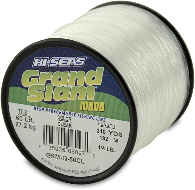 HI-SEAS Grand Slam Monofilament Fishing Line - Strong & Abrasion Resistant in Clear, Pink, Green, Smoke Blue, Fluorescent Yellow Freshwater & Saltwater – Quarter Pound Spool