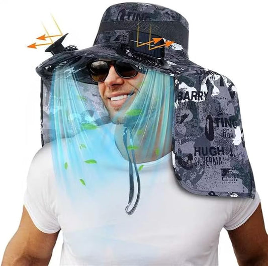 Chuarry Wide Brim Sun Hat with 2 Solar Fans and Neck Flap Outdoor Solar Powered USB Charging Bucket Fishing Hat for Men Women