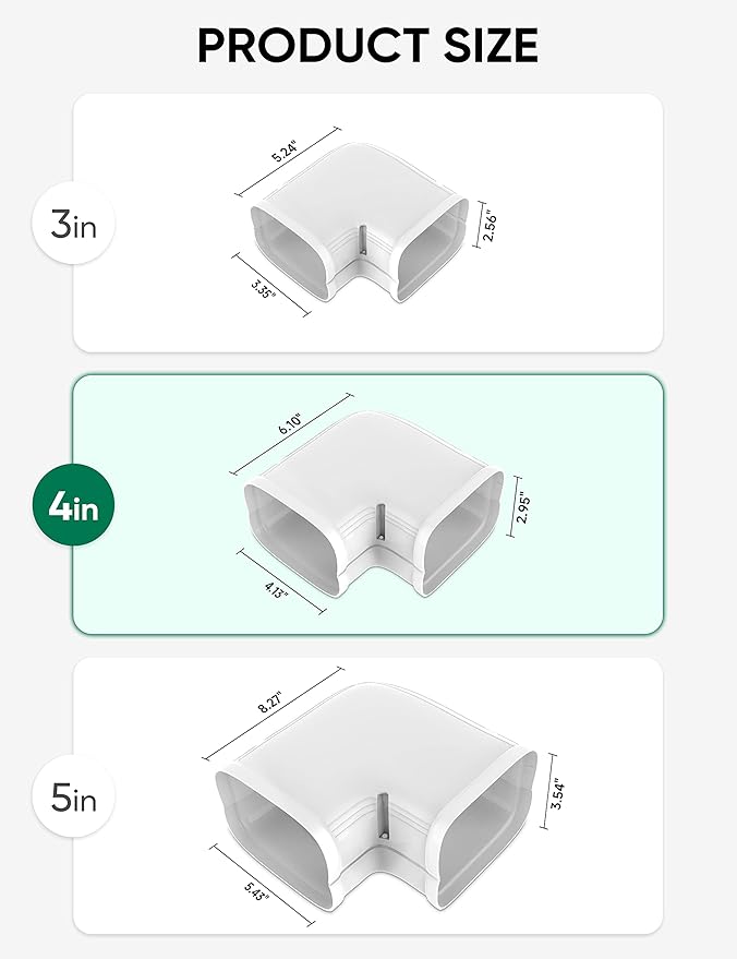 4" Flat Elbow Line Cover Set Parts PVC Accessory for Decorative for Ductless Mini Split, Central AC and Heat Pumps