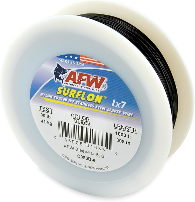 American Fishing Wire Surflon Nylon Coated 1x7 Stainless Steel Wire Leader - Wire Fishing Leader Line for Saltwater 10lb Up To 250lb Test in Bright, Black, Camo in 30ft, 100ft, 300ft, & 1000ft Lengths