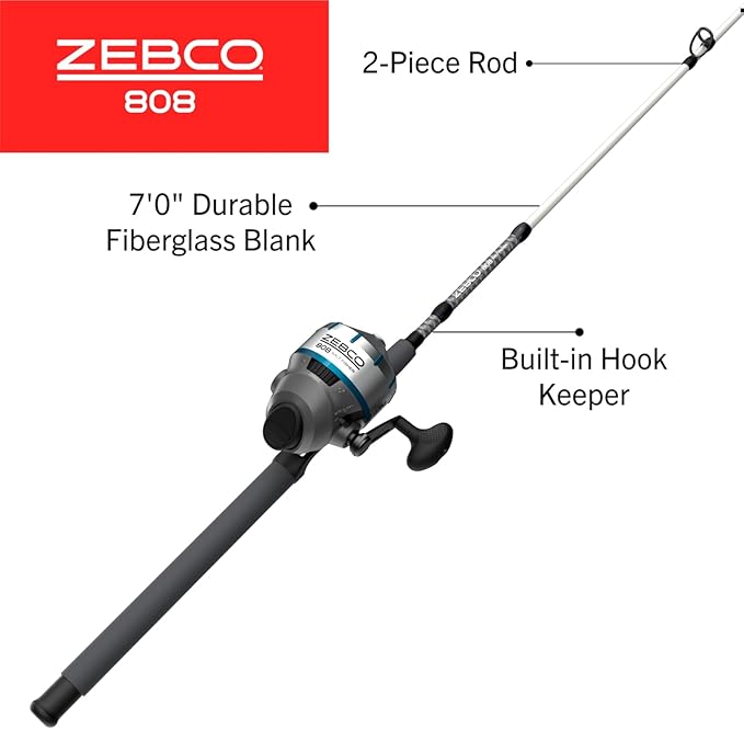Zebco 808 Saltwater Spincast Reel and Fishing Rod Combo, 7-Foot 2-Piece Fishing Pole, Size 80 Reel, Changeable Right- or Left-Hand Retrieve, Pre-Spooled with 20-Pound Zebco Line, Black