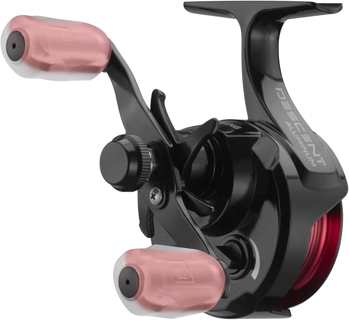 13 Fishing - Descent Aluminum - Inline Ice Fishing Reel - 2.7:1 Gear Ratio - Left Hand Retrieve (Aluminum Spool Gen 2 Design) - D2AL-2.7-LH, Black/Red