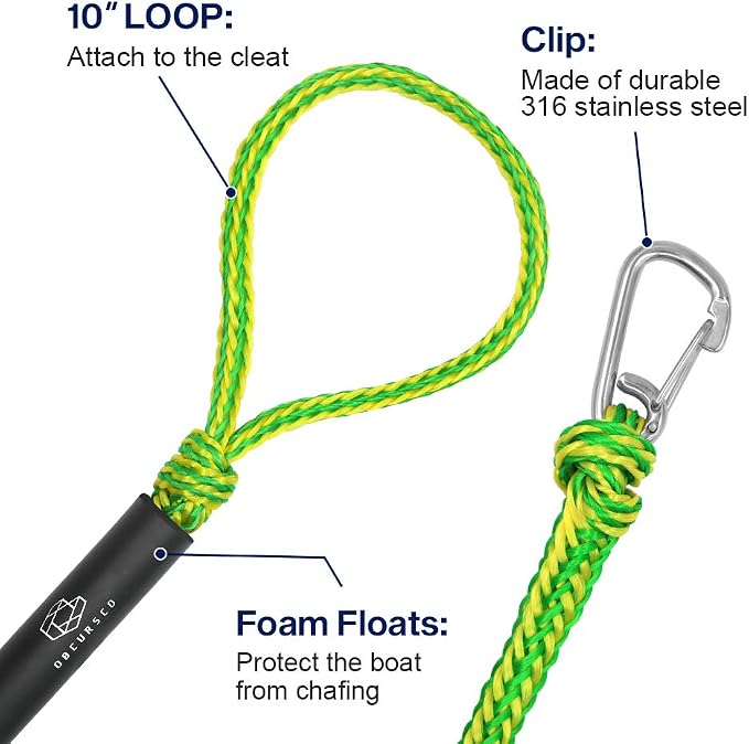 Obcursco PWC Boat Dock Lines for Jet Ski Premium Boat Rope with 316 Stainless Steel Clip. Ideal for Kayak, Watercraft (Green/Yellow, 21ft X 1)