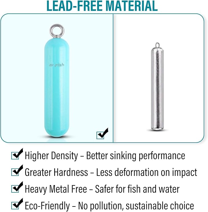 Dr.Fish Lead Free Fishing Weights, 200g-1000g Heavy Sinkers Eco-Friendly Cylindrical Deep Drop Weights Steel Sinkers for Saltwater Grouper, Drum, Pompano Bottom Fishing