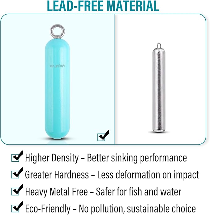Dr.Fish Lead Free Fishing Weights, 200g-1000g Heavy Sinkers Eco-Friendly Cylindrical Deep Drop Weights Steel Sinkers for Saltwater Grouper, Drum, Pompano Bottom Fishing