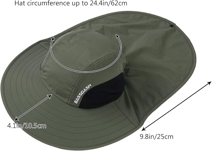 BASSDASH UPF 50+ Unisex Water Resistant Wide Brim Sun Hat with Large Neck Flap Ponytail Fishing Hat for Men Women