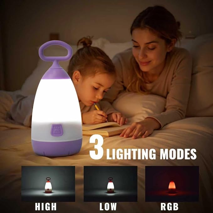 2-Pack Kids Camping Lantern & Night Light, Battery Operated, 360° Eye-Safe Light, IPX4 Waterproof RGB Portable, Sibling Gifts (Purple & Blue, 6× AAA Included)