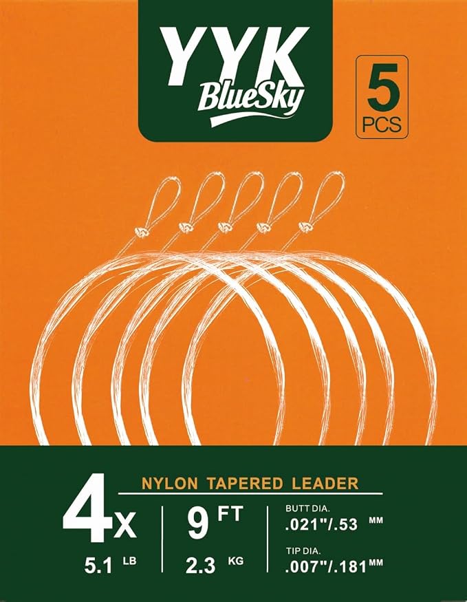 YYKBlueSky 9FT Clear Nylon Tapered Leader, Multiple Sizes 0X-7X (0X 1X 2X 3X 4X 5X 6X 7X) Optional, 5PCS Each for Freshwater Fly Fishing Line