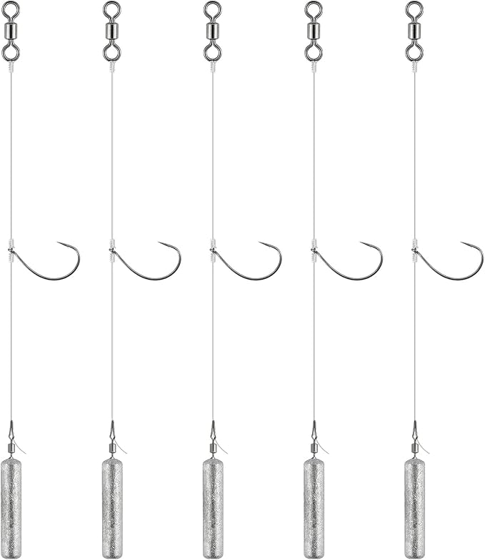Dr.Fish 10 Pack Drop Shot Rig Bass Fishing Rig Snelled Hook Leader Line Fluorocarbon Swivel Sinker Plastic Worm Wacky Freshwater 3/8oz