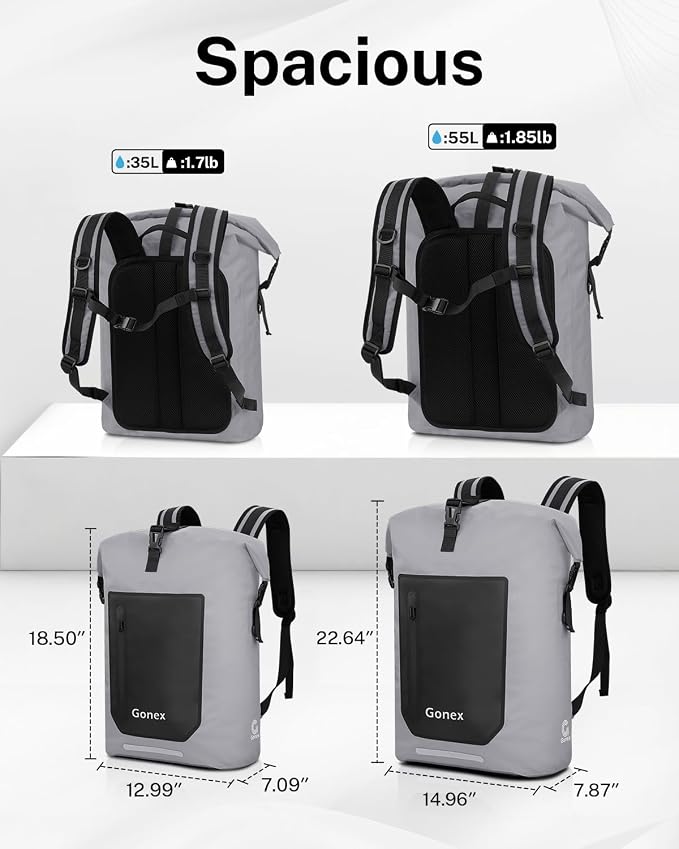 Gonex Ultralight Waterproof TPU Backpack, 55L Roll Top Dry Bag with Comfortable Padded Back Panel for Kayaking Boating Camping Fishing Travel,Grey