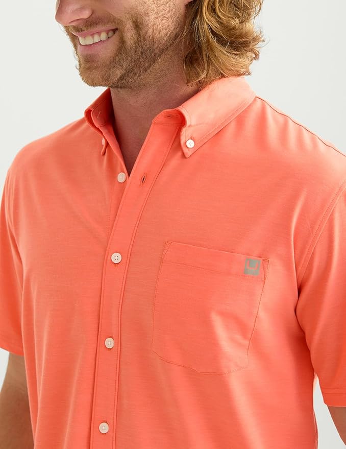 HUK Mens Kona Solid Short Sleeve Fishing Button Down Shirt for Men, Fresh Salmon, 3X-Large