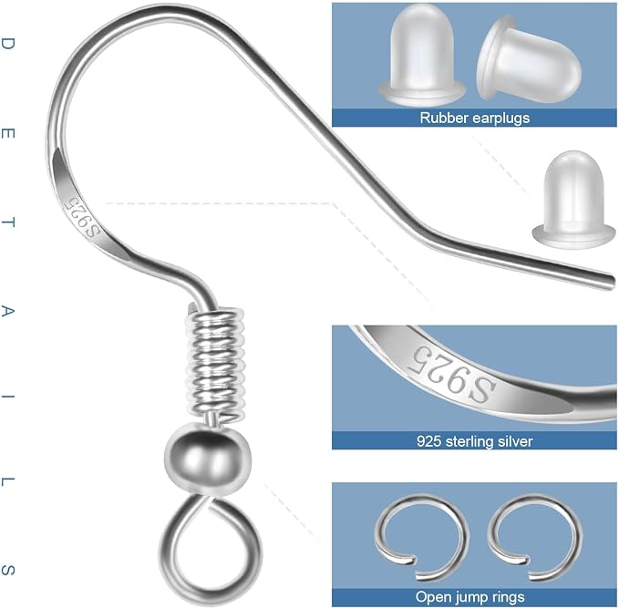 925 Sterling Silver Earring Hooks, 750PCS Earring Hooks Kit 250PCS/125Pairs Hypoallergenic Ear Wires with 250PCS Silver Open Jump Rings and 250PCS Rubber Backs Earwire for Jewelry Making