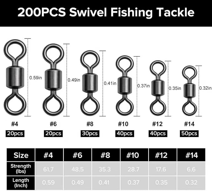 DONQL Fishing Swivels 200pcs, Swivels Fishing Tackle, Stainless Steel Barrel Swivel, #4#6#8#10#12#14, 61.7lbs to 6.6 lbs, for Saltwater, Freshwater, Leader, Line, Lure Connector