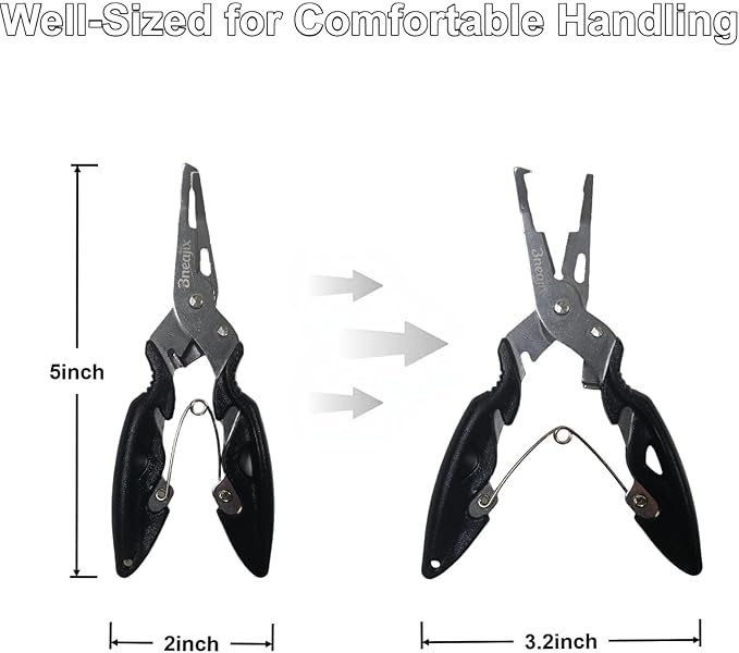 5" Mini Lure Fishing Pliers with Safety Lock and Anti Loss Rope | Multi-Function Curved nose hook remover, line cutter & open ring pliers; rustproof for saltwater and freshwater use