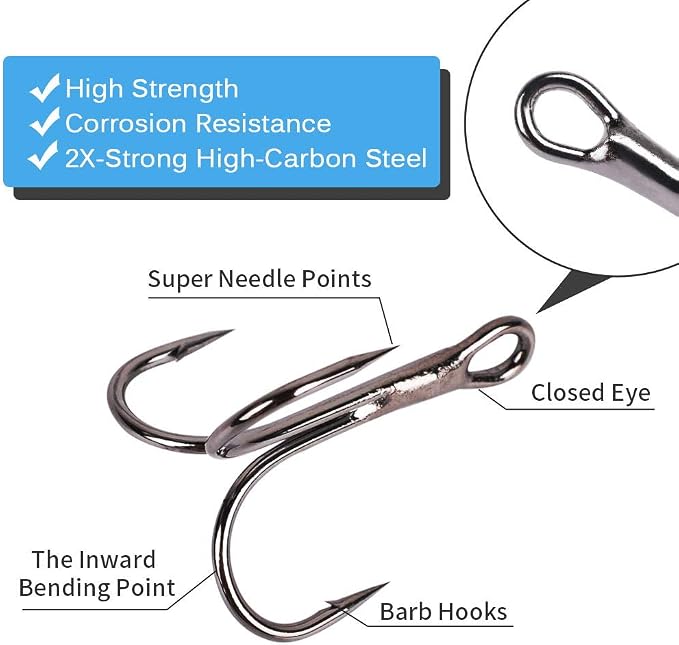 UCEC Fishing Hooks Treble Hooks Kit for Saltwater Freshwater, High Carbon Steel Strong Sharp Round Bend for Catfish Trout Hard Baits Lures, Size #1#2#4#6#8#10#12#14 110/50/210 Pack with Split Rings