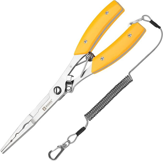 Booms Fishing Pliers Hook Remover: 8" Long Nose Fish Pliers Stainless Steel for Saltwater - Braid Line Cutters with Coiled Lanyard and Safety Lock Design, Multi-Function Fishing Tool for Men, H06