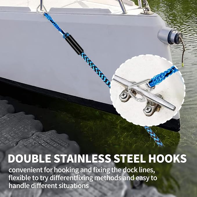 4-5.5ft, Bungee Dock Line with Stainless Steel Clip Safe Boat Rope Mooring String with Foam Float for Pontoon, Boat Accessories, Sea Doo,2 Pack (Blue&Black)