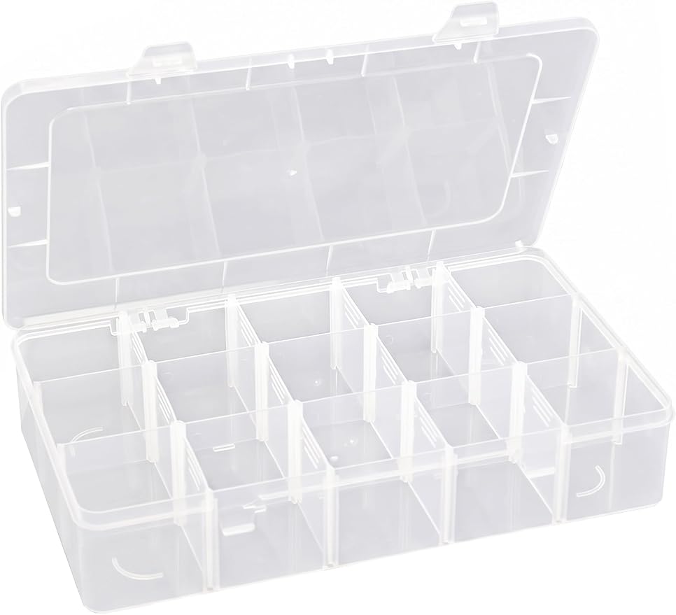 Hlotmeky Plastic Organizer Box with Dividers Bead Organizer 15 Large Grids Tackle box Organizer Clear Snackle Box Container