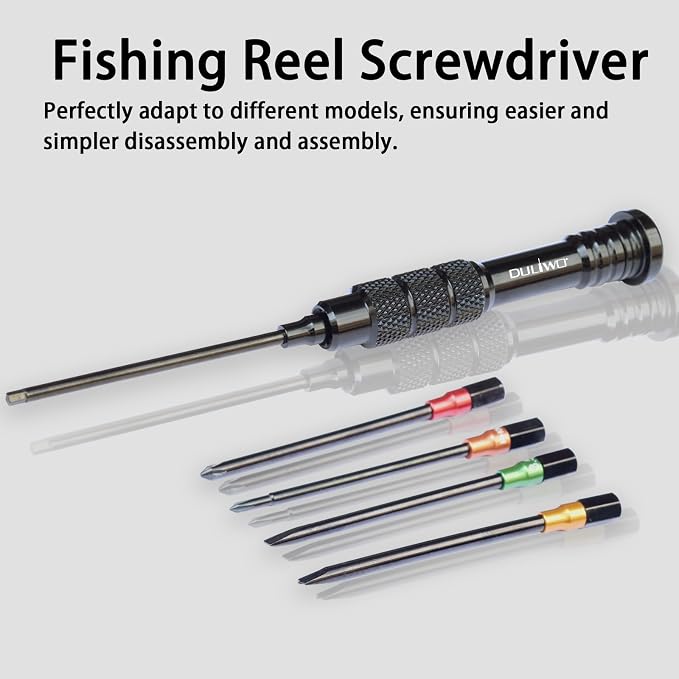 Fishing Reel Repair Tools Kit, S2 Steel Screwdriver Set with Magnetic Tips for Reel and Rod Repair, Includes Flat, Raised Flat, Phillips & Hex Tips