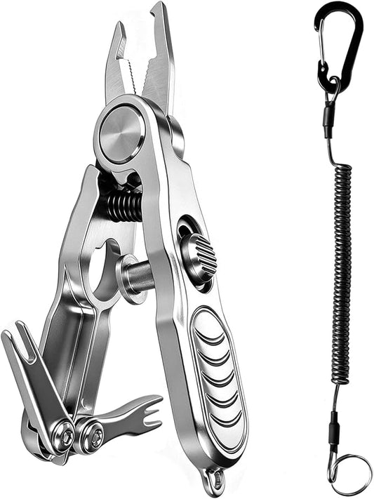 Fishing Line Cutter, 5-in-1 Multi-Tool with Stainless Steel Clippers for Braided, Mono & Fluoro,Split Ring Opener,Knot Tying Aid,Hook Eye Cleaner, and Retractable Lanyard, Compact Pliers for Anglers