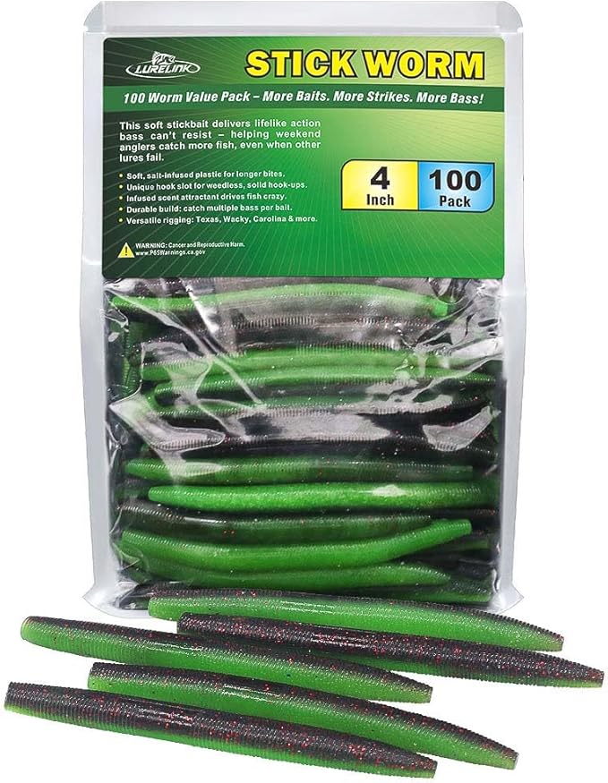 Wacky Worms Soft Plastic for Bass Fishing Lures–100 Pack 4" & 5" Stick Baits Wacky, Texas, Neko & Drop Shot Rigs–Bulk Soft Lure