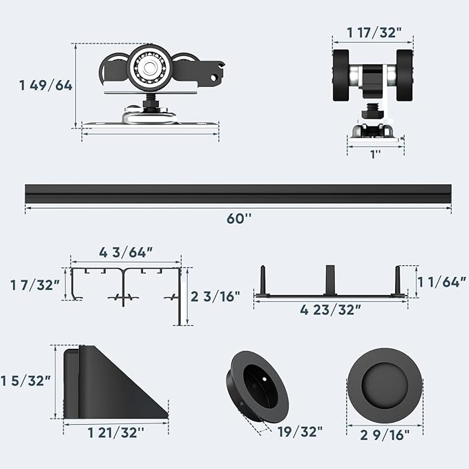 JUBEST 5FT Heavy Duty Bypass Door Hardware with Finger Pulls,Sturdy Aluminum Sliding Closet Door Track for 2 door System,Quietly and Smoothly,Fit Door Thickness 1 3/8" or 1 3/4",Easy to Install, Black