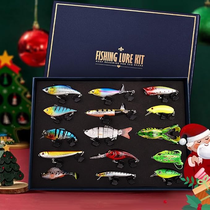 Fishing Lures Kit for Men, 15PCS Bass Fishing Lures Gift Set with Premium Gift Box, Hard & Soft Baits for Bass Trout Pike Salmon, Freshwater & Saltwater Fishing Gear Gifts