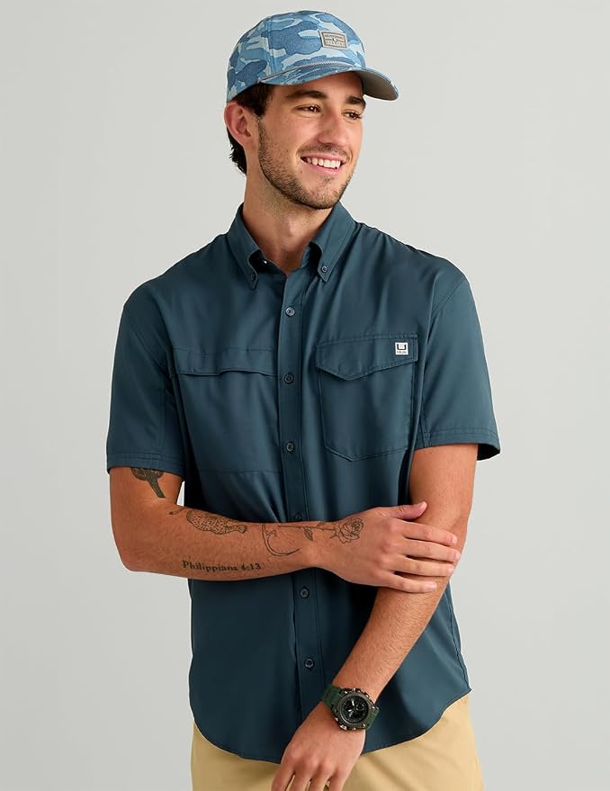 HUK Men's Tide Point Kc Scott Original Artwork Short Sleeve Shirt, Fishing Button Down