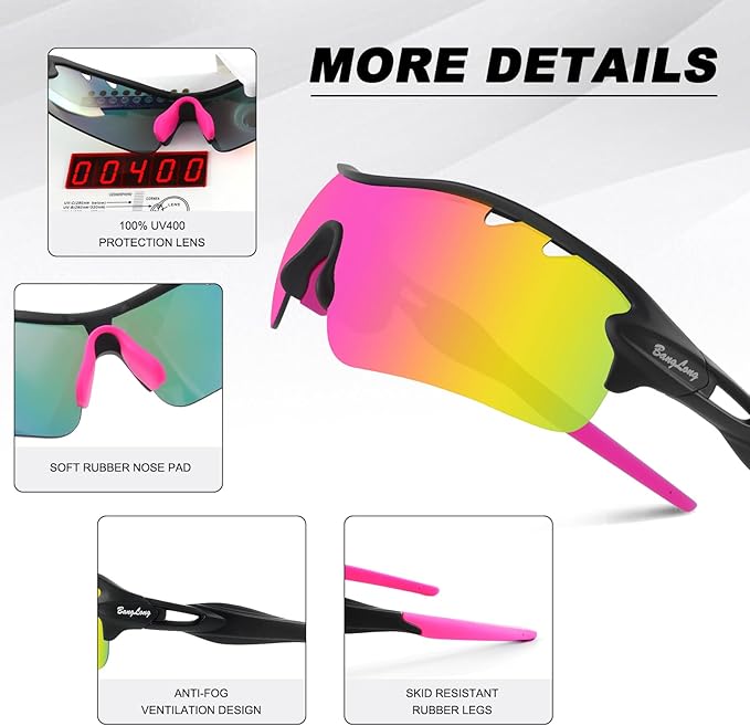 BangLong Polarized Cycling Sunglasses for Men Women, 26g Sports Sunglasses with 5 Lenses for Running Fishing Baseball Driving